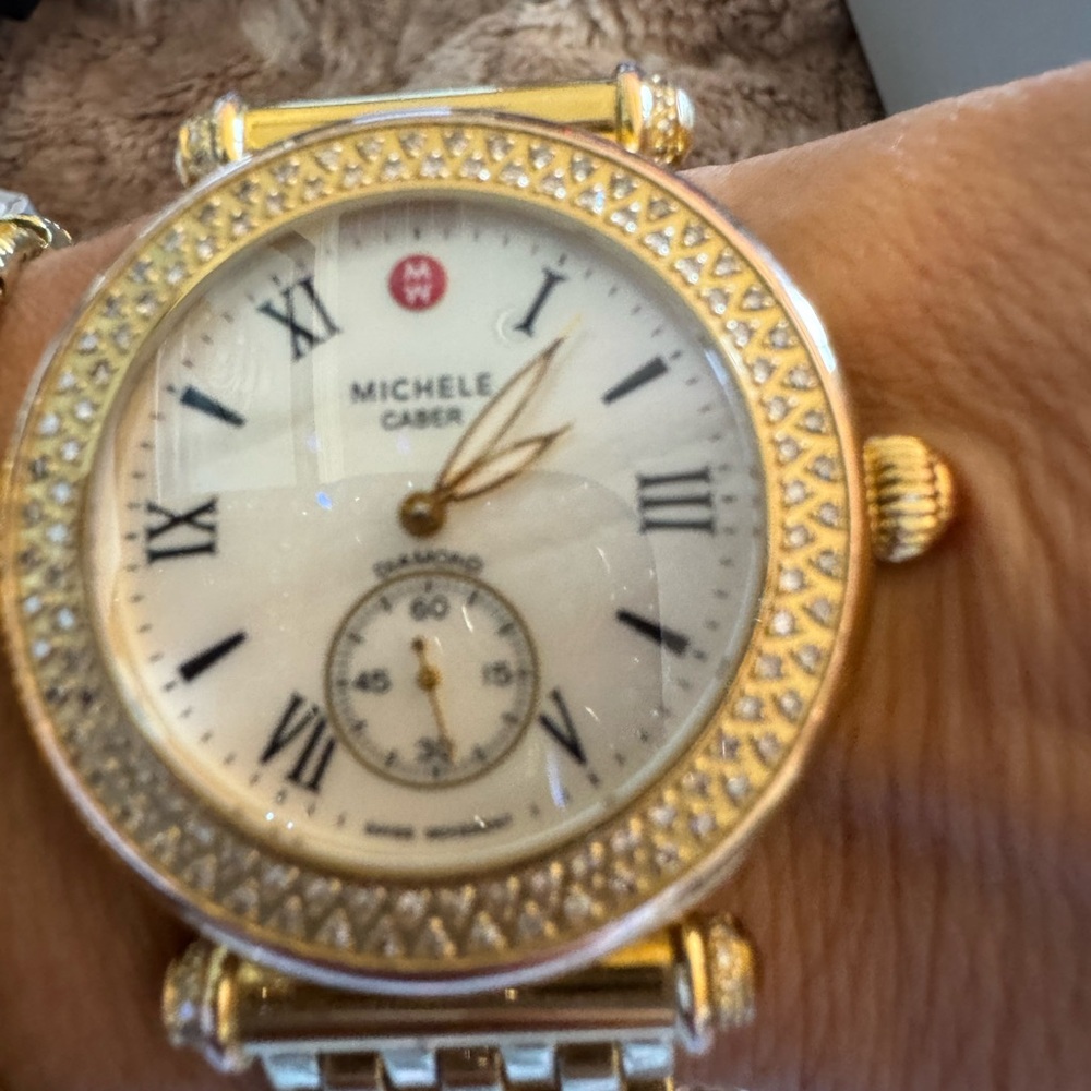 Michele Caber Gold Tone Diamond Bezel MOP Dial 37mm Quartz Womens Watch - Picture 6 of 11